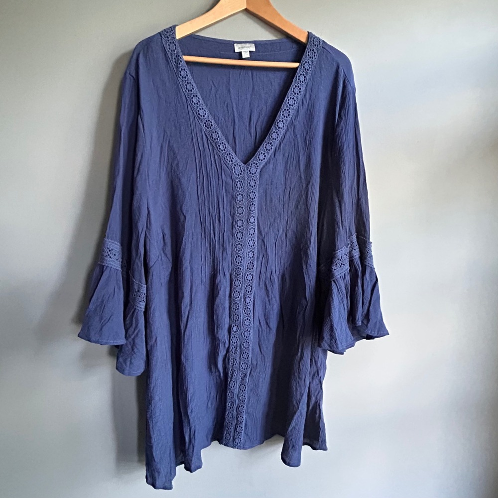 Avenue Blue Crochet Lace Trim Bell Sleeve Crinkle Tunic‎ Top Plus Size 30/32